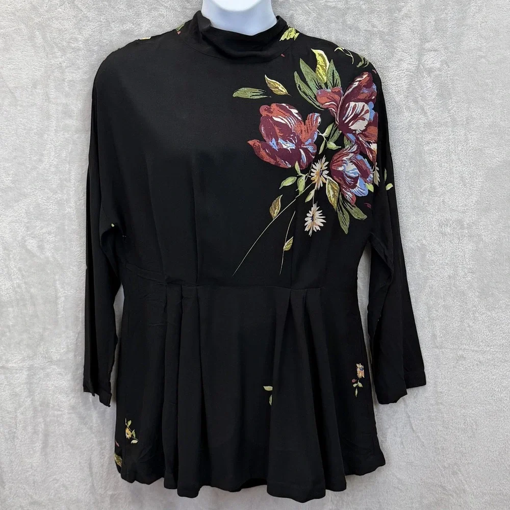 Free People Gemma Tunic‎ Womens L Black Floral Keyhole Mock Neck Blouse Shirt